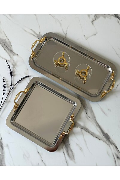 Melinda home Lunea Kulp Gold-Gümüş /Kare - Dikdörtgen Söz Nişan Cam Set Çay K...