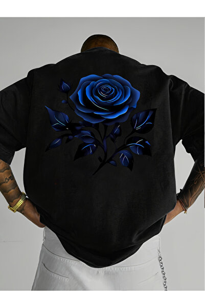128 Men's Trendy Short Sleeve T-Shirt with Blue Rose Print for Casual Streetw...