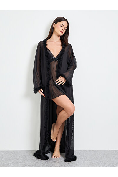 Take Two By Styli Black Mesh Faux Feather Trim Robe And Slip Set