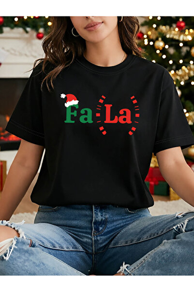 01THEONE Women' Vintage 'Fa La' Christmas T-Shirt - Red & Slogan Print Short ...