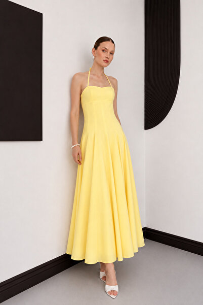 VERYMODA Rochie midi galbenă cu decolteu halter și croială evazată