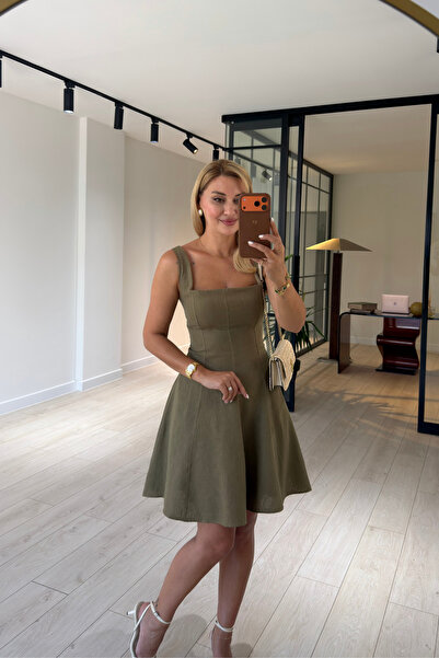 Sezgi Tekin Square Collar Khaki Patterned Linen Dress