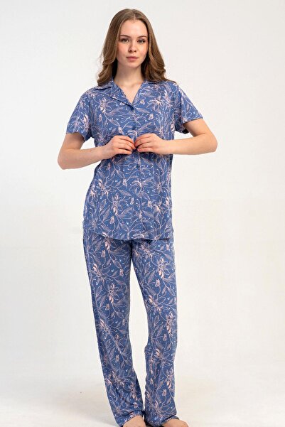 KEZOKİNO Kadın Önden Düğmeli Kısa Kol Mor Pijama Takımı C2T7N1215