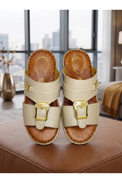 Chyfly Men Arabic Naal Sandals Gold Double Buckle PU Leather Ultra Massage Fo...