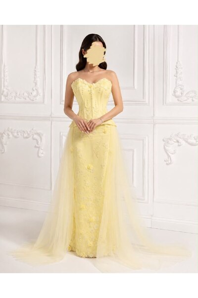 ranin Light Yellow Barbie Evening Dress Embroidered Beaded Tulle