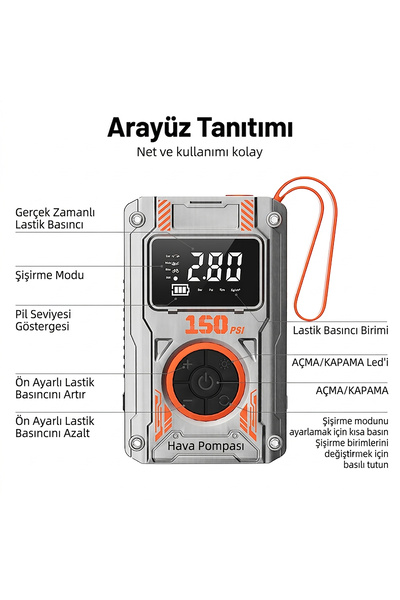 TECHNOM Dijital Ekranlı Akıllı Taşınabilir Lastik Pompası - 150 PSI Oto, Motosiklet ve Bisiklet Kompresörü