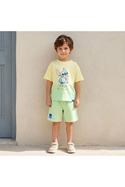 Disney Crew Neck Short Sleeves T-shirt and Shorts Set with Stitch Print