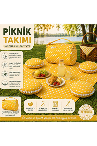 Zeren Home Sarı Puantiyeli Piknik Takımı | Taşıma Çantalı 170x170 Piknik Örtü...