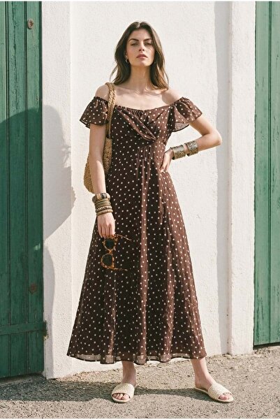BARRELS AND OIL Women's V-Neck Ruffled Polka Dot Long Dress - Brown