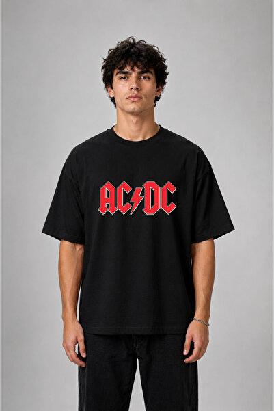 cesita Черна памучна тениска с щампа на музикална група AC/DC