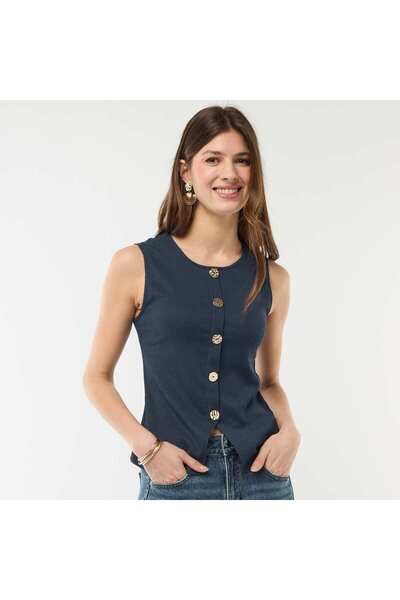 KIABI Sleeveless Top with Hammered Gold Button Opening BLUE