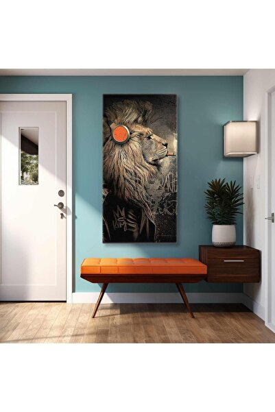 gurbaart Müzik Dinleyen Ceketli Cool Aslan Panoramik Dikey HD Baskı Kanvas Tablo