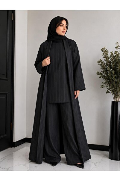 NOUR 3 Pieces Striped Linen Fabric Set - Abaya with Blouse and Pant