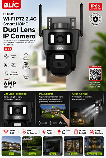 Blic 6MP Çift Lens WiFi PTZ IP Güvenlik Kamerası | 2.4GHz Kablosuz | 355° Dön...