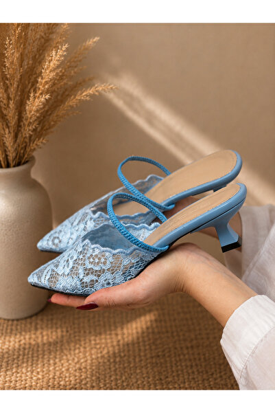 irmona Cansy Baby Blue Lace 3 cm Heel Elastic Band Pointed Toe Heel Shoes