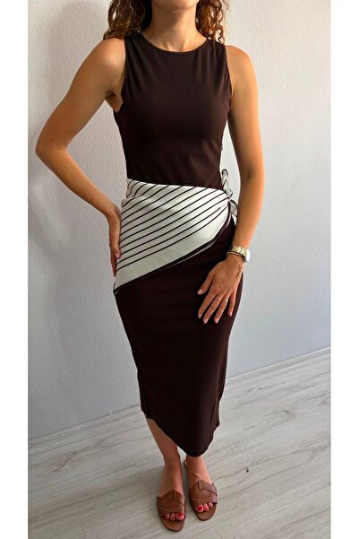 Niceboutique Sleeveless Midi Dress with Waist Scarf