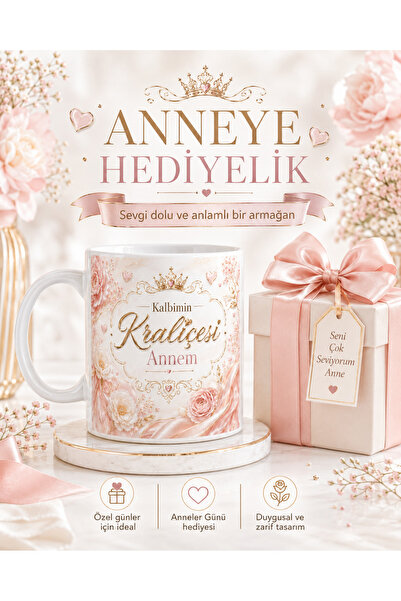 HiperAD Reklam Kalbimin Kraliçesi Annem Yazılı Kupa Bardak 300 ML Porselen Çi...