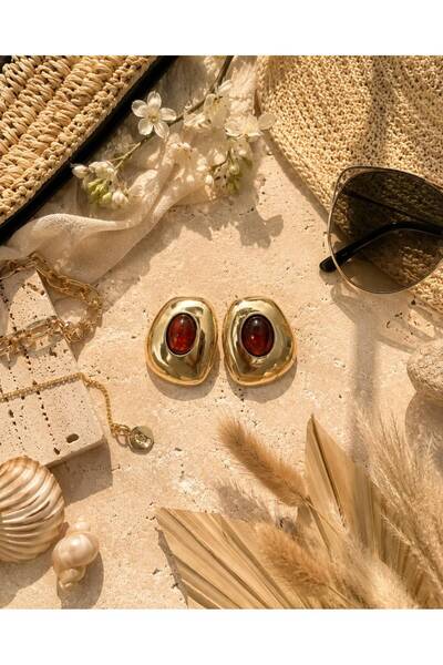 SHINELUC Vintage Bordo Kehribar Taşlı Gold Kadın Küpe