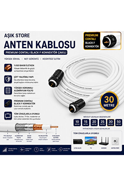 AŞIK STORE 30 Metre Premium Anten Kablosu %100 Bakır İç İletken Contalı Black...