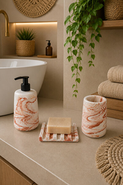 Zigzag Home Dekoratif Mermer Desen 3 Parça Banyo Seti Katı Sabunluk Sıvı Sabunluk Diş Fırçalık