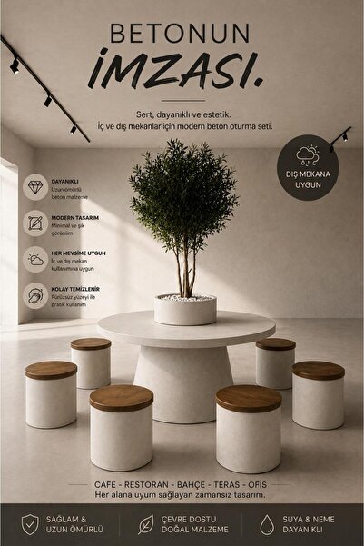 CK CONCRETE 160 cm Saksılı Beton Masa ve 6 Ahşap Oturaklı Bahçe Seti