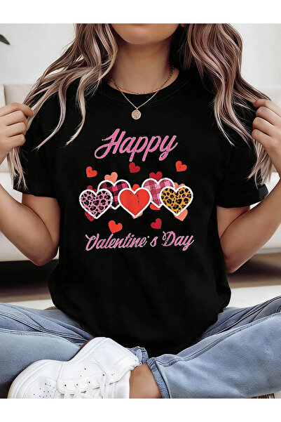 En22 تي شيرت نسائي مطبوع عليه عبارة Happy Valentine's Day، بأكمام قصيرة وياقة...
