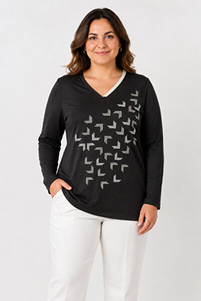 bihan store V-Neck Geometric Patterned Long Sleeve Women's Combed Cotton Blou...