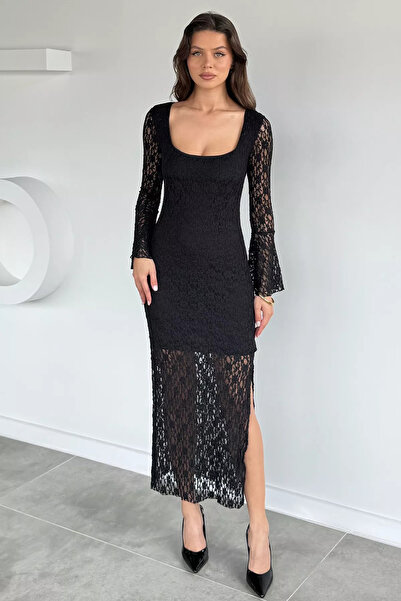 Aryena Black Slit Lace Detailed Evening Dress