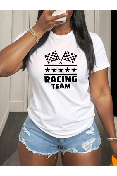 01THEONE Round Neck Casual cotton Women's T-Shirt with Racing Team Print, Com...