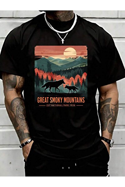 01THEONE Great Smoky Mountains National Park Wolf Design T Shirt Men's Outdoo...