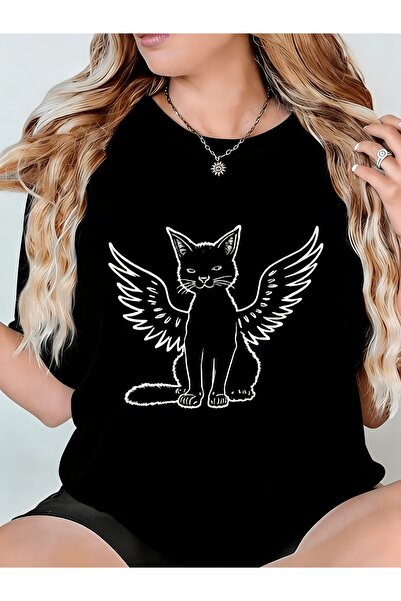 Ekim11 Womens Tshirt Black Angel Cat Design Comfortable Crew Neck Machine Was...