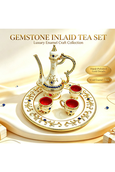 NUJET Vintage Enamel Gemstone Inlaid Mini Tea Pot Cup Tray Set, Oriental Arab...