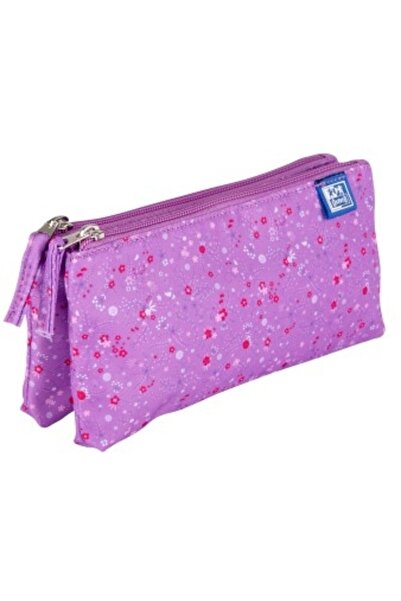 Oxford Penar 2 Zip Floral, tip etui dublu, 2 fermoare, culoare mov inchis
