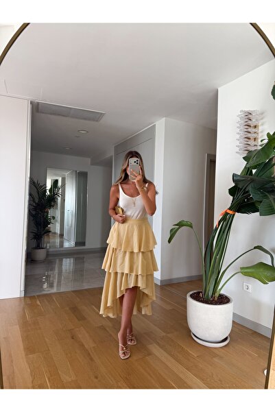 MERVE AKSOY Francis Kat Kat Fırfırlı Midi Etek - Sarı