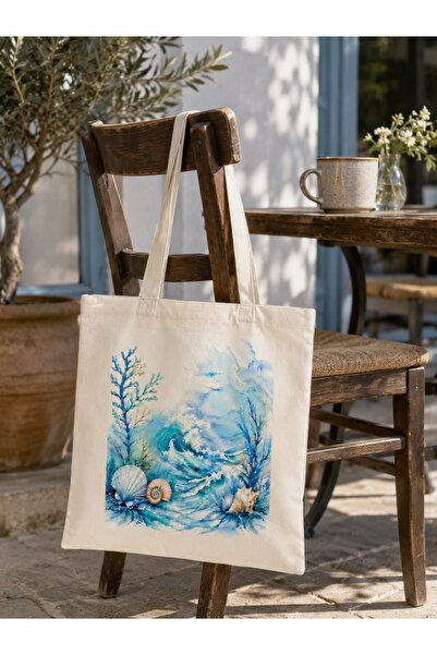 Tomris Hatun Sea Concept Printed Raw Cloth Bag, Shoulder Bag, Shopping Cloth ...