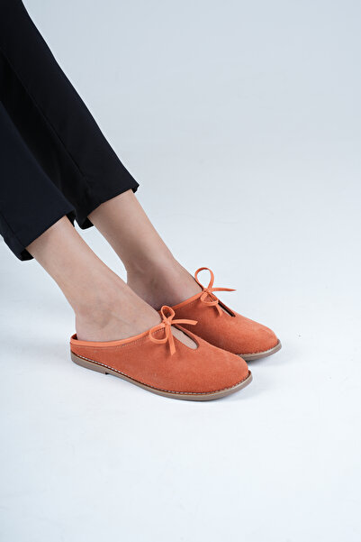 ANALİN SHOES Women's Genuine Leather Flat Slippers with Bow Detail