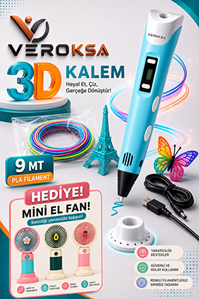 VEROKSA MAVİ 3D Kalem Seti | 9 MT PLA Filament + Mini El Fanı Hediyeli | LCD ...