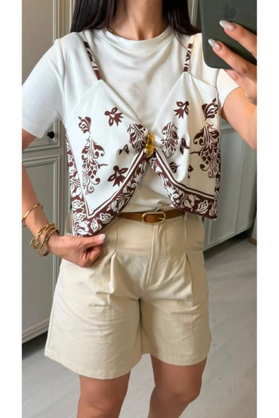 stelol Women's Shawl Pattern Detail Blouse and Linen Shorts Two-Piece Set
