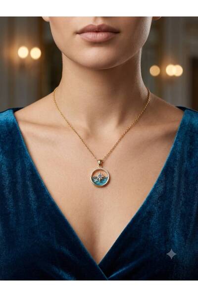 LuneraDesign North Star Figured Steel Necklace with Dark Blue Enamel and Zirc...