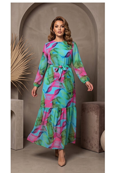 gökçesu Women's Plus Size Long Sleeve Lined Flowy Flounce Maxi Long Chiffon D...