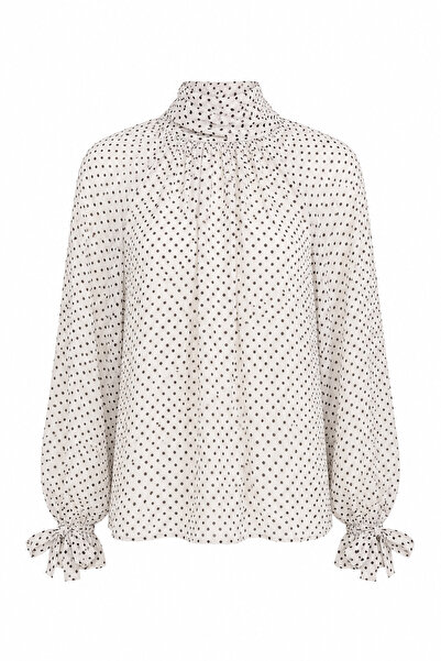 HAZELANNA Ecru Polka Dot Blouse with Bow