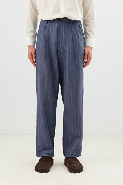 Antioch Navy Blue Linen Blend Striped Men's Trousers