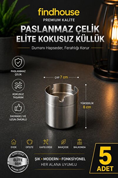 findhouse 5 ADET Premium Paslanmaz Çelik Kokusuz Kapaklı Küllük Oto , Ev , Of...