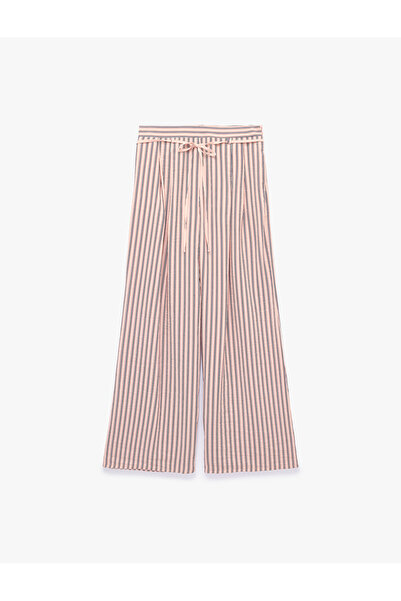 Koton Comfortable Fit Viscose Striped Lace-Up Wide-Leg Trousers