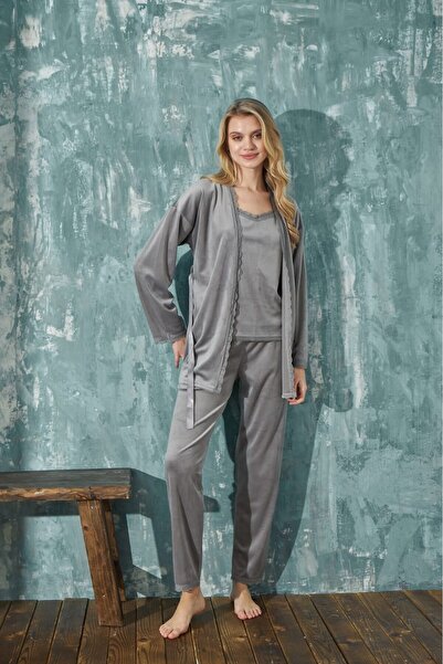 Bebelop Women's Rope Strap Thin Lace Detailed Dressing Gown Winter Velvet 3-P...