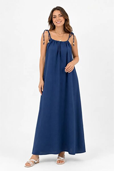 hazelin Women's Blue Plus Size Linen Dress with Tie Detail Hzl26S-Zss150951
