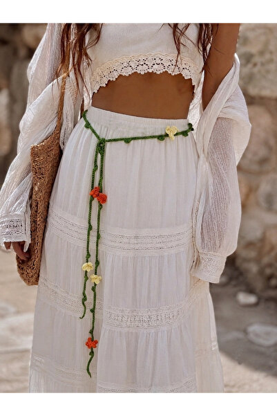 HENERA Bohemian Hand-Knitted Floral Waist Belt – Adjustable Green Waist Acces...
