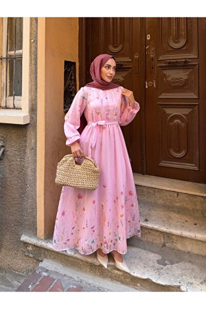 THEK BUTİK Lavinya Floral Patterned Belted Hijab Dress