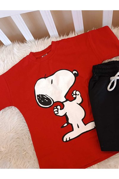 BY TUNA DESİGN Boy's Snoopy Printed Red Color Cotton T-Shirt and Shorts Set 100% Cotton 3-12 Years Old