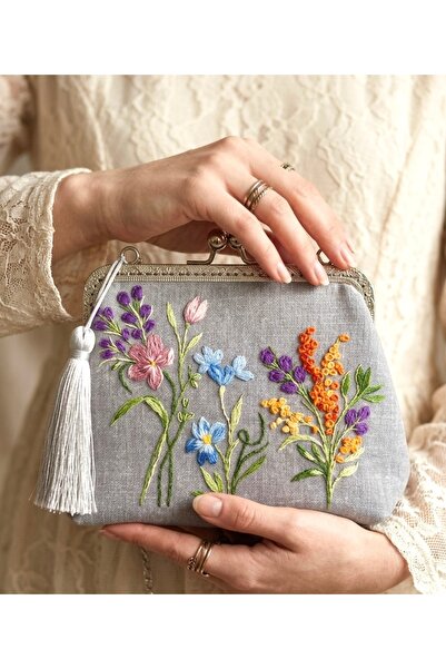 %100 El Nakışı İşlemeli Vintage Keten Çanta .Kır çiçek Temalı .25×15 cm